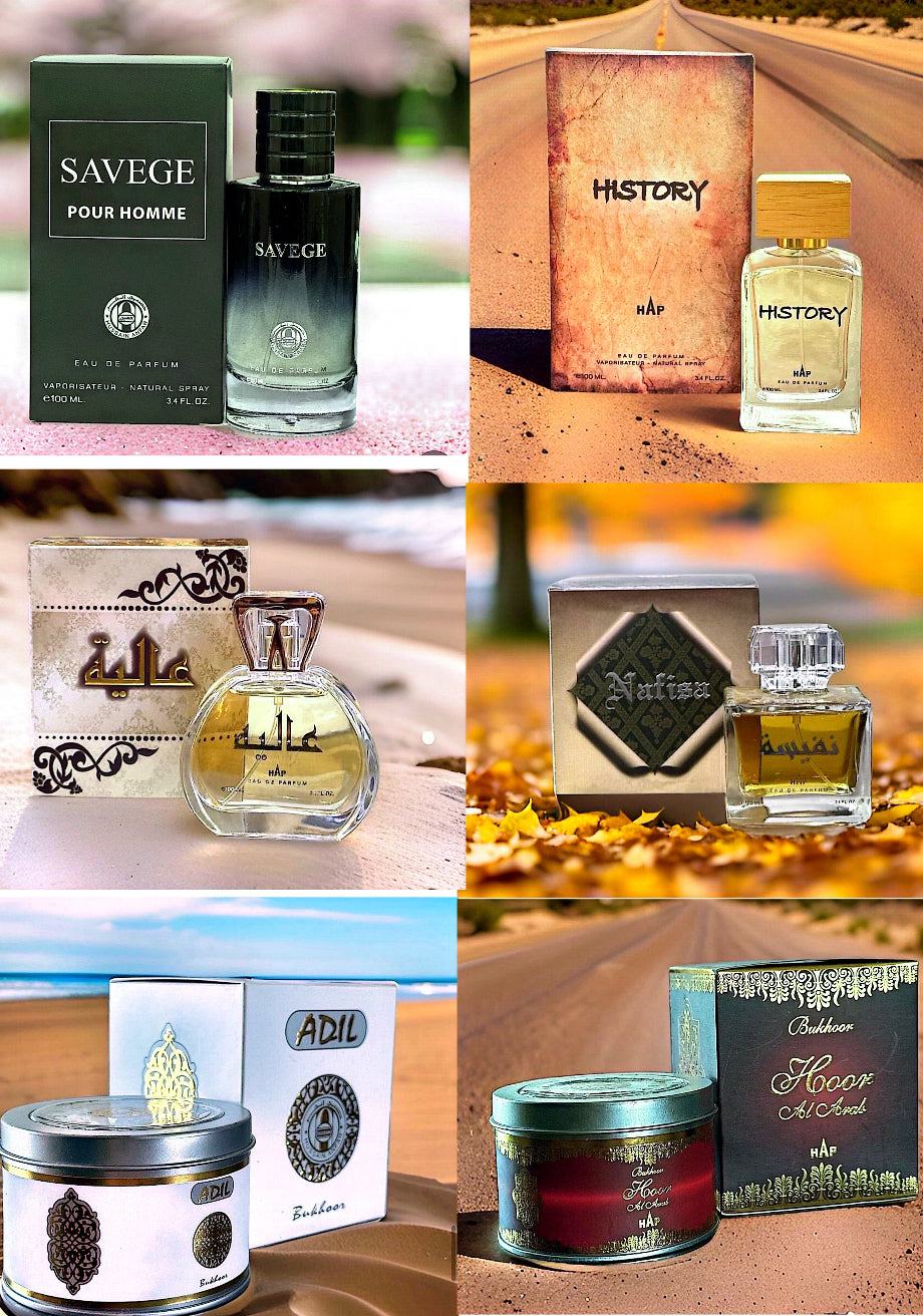Savege + Aaliya + History + Nafisa + Bkh Adil + Bkh Hoor Al Arab (4 Perfumes + 2 Bakhoor Gift Set)